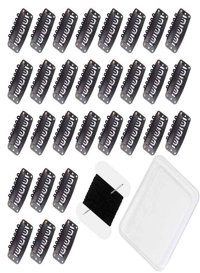 uadbau 30 Pcs 32mm 6-Teeth U-Shape Wig Clips for Clip-in Hair Extensions, with DIY Needle and Thread Kit – Snap Hair Clips for Hair Extensions Clip-ins (Black) - Image 1